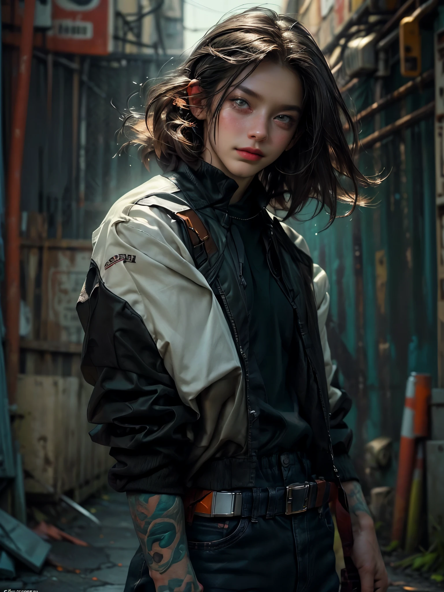 ((wide shot: 1.6)), Unreal Engine: 1.4, CG K ultra-realistic, photorealistic: 1.4, skin texture: 1.4, perfectly detailed, ((artwork ung man from full body: 1.5)), ((brown hair, green eyes, full body lips and a confident sensual smile:1.5)), ((punk style hairstyle with shaved side:1.3)), tattoos, gun Gatling, box, looking at viewer, dynamic and virile pose, punches, ammunition belt, gloves, large muscles, shooting, Extremely detailed: 1.4, more detailed, optical mix, fun patterns, animated texture, unique visual effect:1.3, jacket petrol blue:1.3, masterpiece, in the background an abandoned building with junk, ((colors, cyan, green, orange, brown: 1.2 )), ((realistic 8k digital art)), 32k