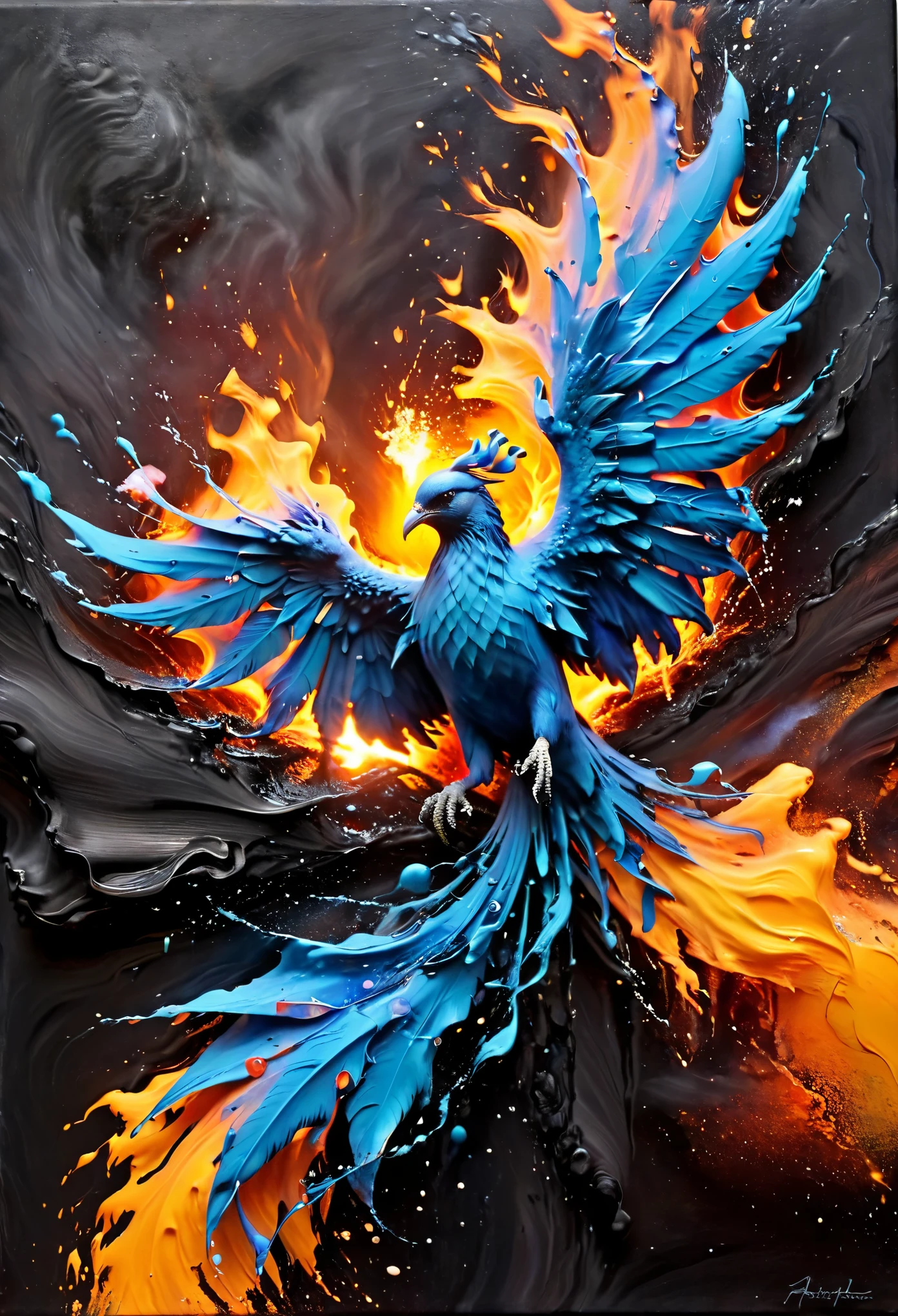 Abstract Liquid, fire, lava, impressionist painting, Phoenix Bird