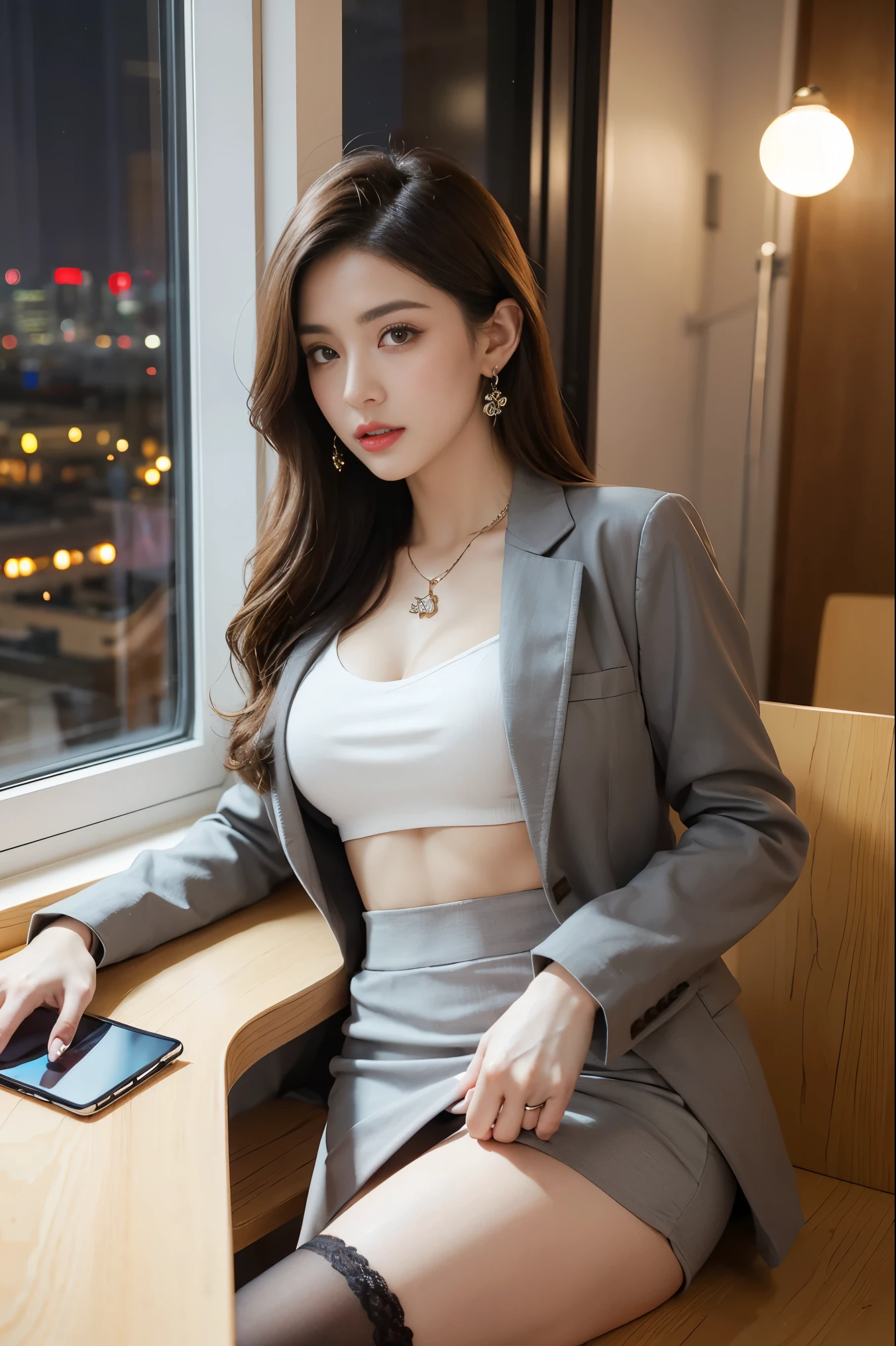 in the office，a young beautiful lady，Wear professional attire，gray blazer，Lace bandeau underwear，slit covered skirt。Bigger and wider hips，thin waist，The upper body rounder，full，Super in shape。Dressed up with jewelry，necklace，earrings，watch，High heel，black stockings。Painted with light makeup，beautiful eyeeautiful lips，very beautiful，Very temperamental。at desk，camel toe, Background modern city office buildings，Very modern，There a lot of space，Outside the window the night view of the city，Modern Shanghai city night view。8 p.m，City neon lights flashing。Professional lighting effectovie shot，intricate details，The best resolution，masterpiece。Complete fingers，intricate details
