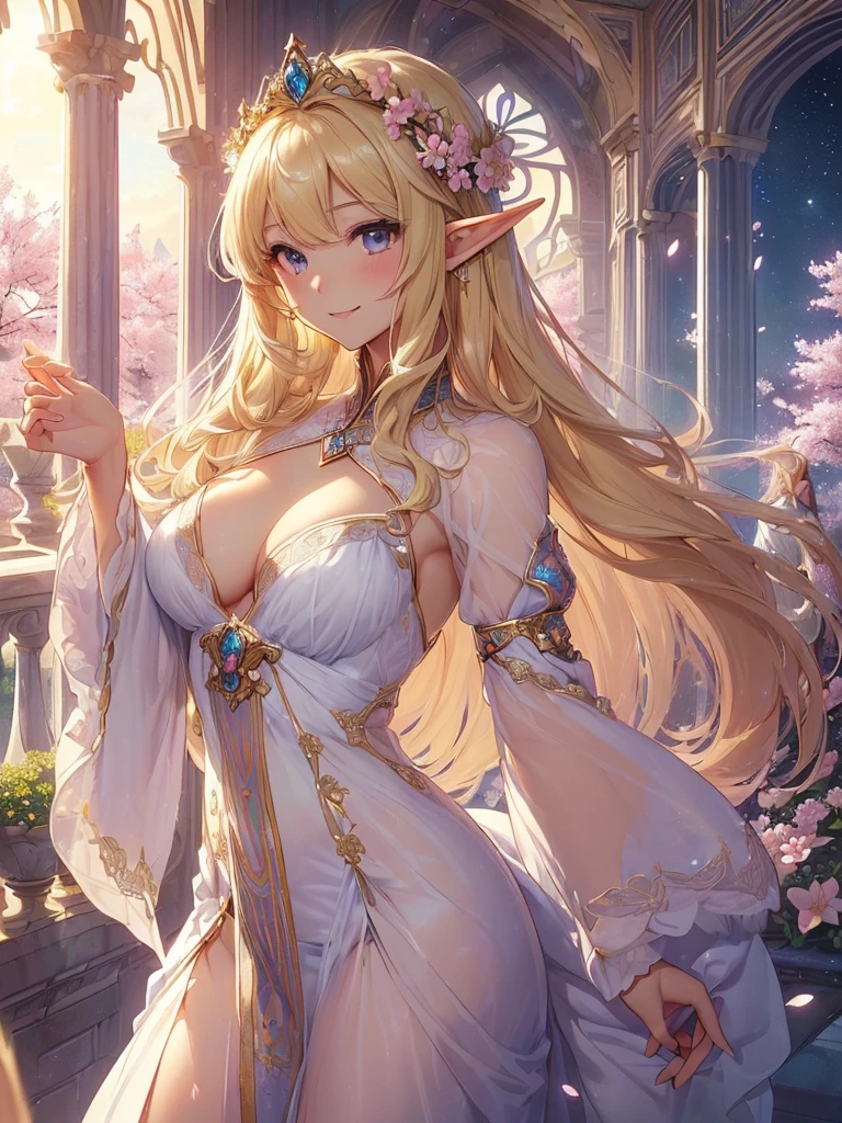 highest quality、Highest image quality、masterpiece、beautiful face、、Titania、Super beautiful elf beauty((22 years old OL big bust、bust 90,beautiful long ironed hair、blonde、Height: 165cm。slender、sexy、Esbian、beautiful tiara、night、High quality、美しいart、Beautiful marble palace、canopy、Sky curtain、muste piece、ビジュアルart、Depth of the bounds written、、elf ears、、Lightのmagic、universe、Earth、A happy smile、穏やかなLight、Elven Forest、cherry blossoms、、elegant、ticker beautiful decorative、Marble City、mystical　rosa、dance、flower瓶、magicのflower、flowerを作るmagic、Light、　the sky、beautiful dressy、beautiful dresyth、ART、Lord of the Ring、spectacular scenery、sexy、friendly smile、fantastic world、cherry blossoms、舞い散るflowerびら、cherry blossomsのflower、universeのmagic、magicのLight、fantasy、flower、super REALITYMany roseagic、Interior decoration、Many tapestries、Grow fantasy、、mysteryのLight、Florence、Rome、byzantine、renaissance、Art nouveau、Alphonse　Mucha、、art、art,mystery,UHD,magicalgentle light,sexy、