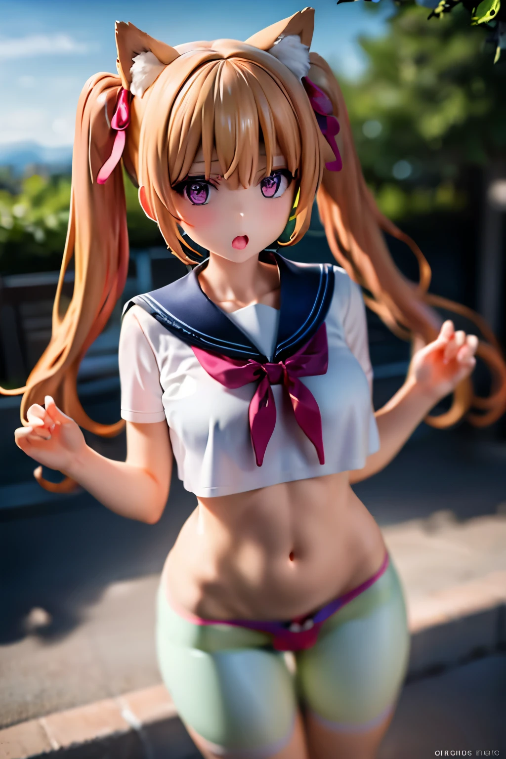 A girl looks at me, sailor suit, red ribbon, tan, blonde, twintails, loose socks, looking sideways, looking up, surprised expression, masterpiece, detailed eyes, foundation, eye shadow, pink lipstick, brightening her cheeks, Hokkaido scenery, blurred background