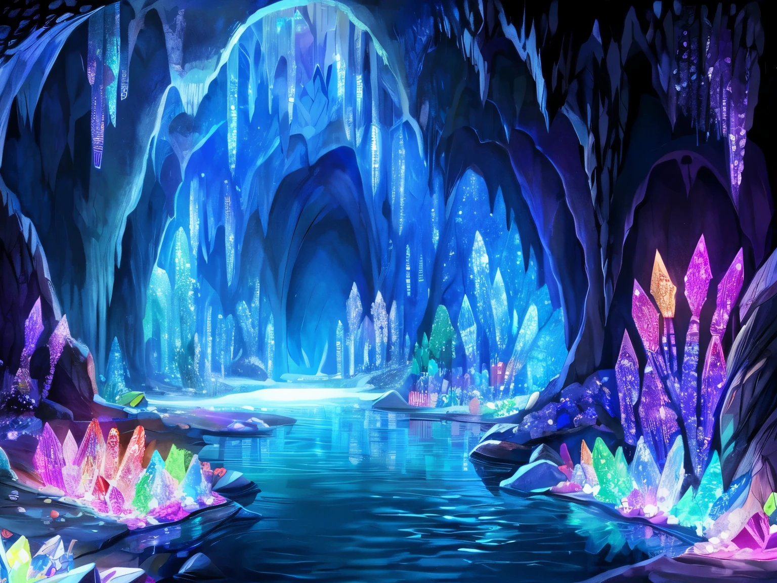 cave, cave with water, cave full of crystals, luminous crystals, colorful cave