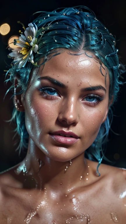 a close up of a woman with blue hair and a flower in her hair, makeup. unreal engine, wet shiny skin, slightly tanned, close up of a blonde woman, captivating glowing lights, bronze face, inspired by Petros Afshar, portrait of nordic girl, tears running down face, 4 k editorial photograph, glossy photo,flat chested,pov, Orgasm and passion on the face, excited lips,orgasmface, Very excited look and look
