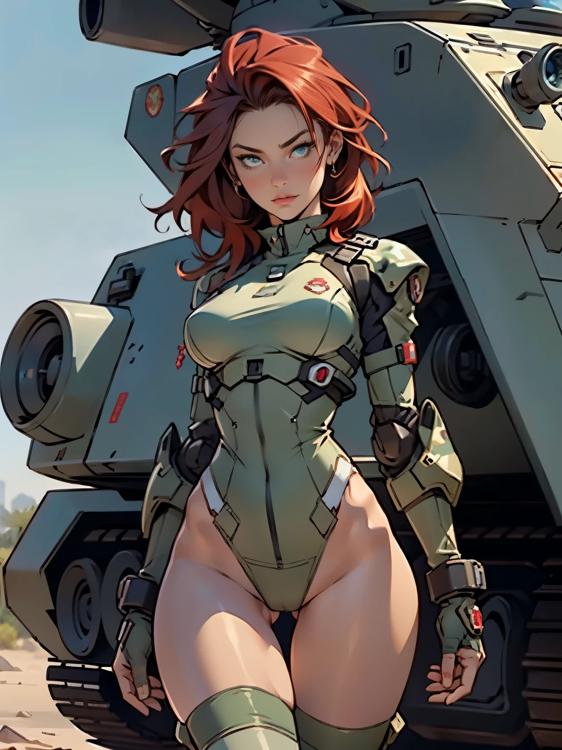 1woman 20 years old, military, beautiful, perfect body, realistic, red hair, perfect body, thin waist,  , large breasts, slim thighs, desert background, armored vehicle, flying fighters, military robot dog, camouflaged uniform, wealth of details, tight panties, marking on the front, slender knees, highly detailed, high resolution, prefect hands, slender thighs, show knees, thigh gap, alert eyes