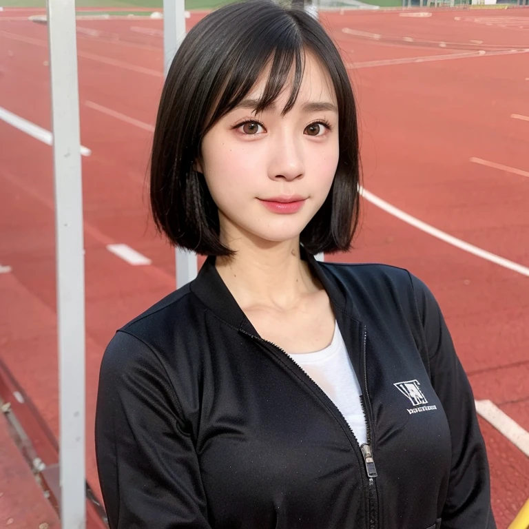 (kawaii 24 year-old Japanese girl, perfect athlete body, Nogizaka idol, Korean idol), (glossy black hair, pixie cut, very short hair, messy hair, wavy hair:1.3), (bangs), (rounded face, single eyelid, no makeup, soft smiling:1.2), (wearing track jackets:1.3), flat chest, (looking at viewer:1.2), BREAK, (track and field background:1.3), (dynamic angle:1.3), BREAK, (masterpiece, best quality, photo realistic, official art:1.4), (UHD, 8K quality wallpaper, high resolution, raw photo, film grain, golden ratio:1.2), (shiny skin), professional lighting, physically based rendering, award winning, (perfect anatomy, highly detailed skin textures, extremely detailed face and eyes, well drawn glittering pupils), Carl Zeiss 85 mm F/1.4, depth of field, 1girl, solo,