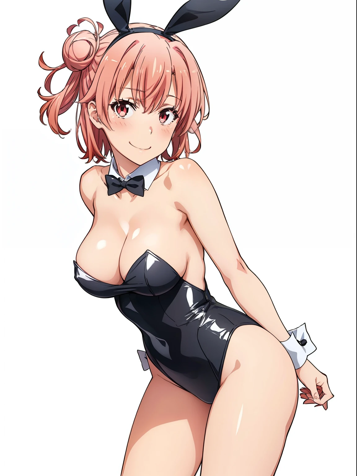 ((masutepiece, Best Quality, hight resolution, nffsw, Perfect Pixel, depth of fields, 4K, )), 1girl in, Solo, , Beautiful anime girl, Beautiful Art Style, close up, Looking at Viewer, Perfect body, Yuigahama Yui, Short hair, single hair bun, pink hair, (large boob), Full face blush, Smile, thighs thighs thighs thighs, black playboy bunny, white background, Leading Ahead, hugging, Cowboy Shot, Focus,