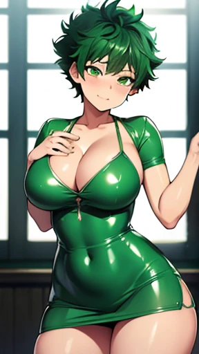 Midoriya izuku female,Green hair, short hair, green eyes, big breasts, short latex dress, cleavage, sexy, cute,