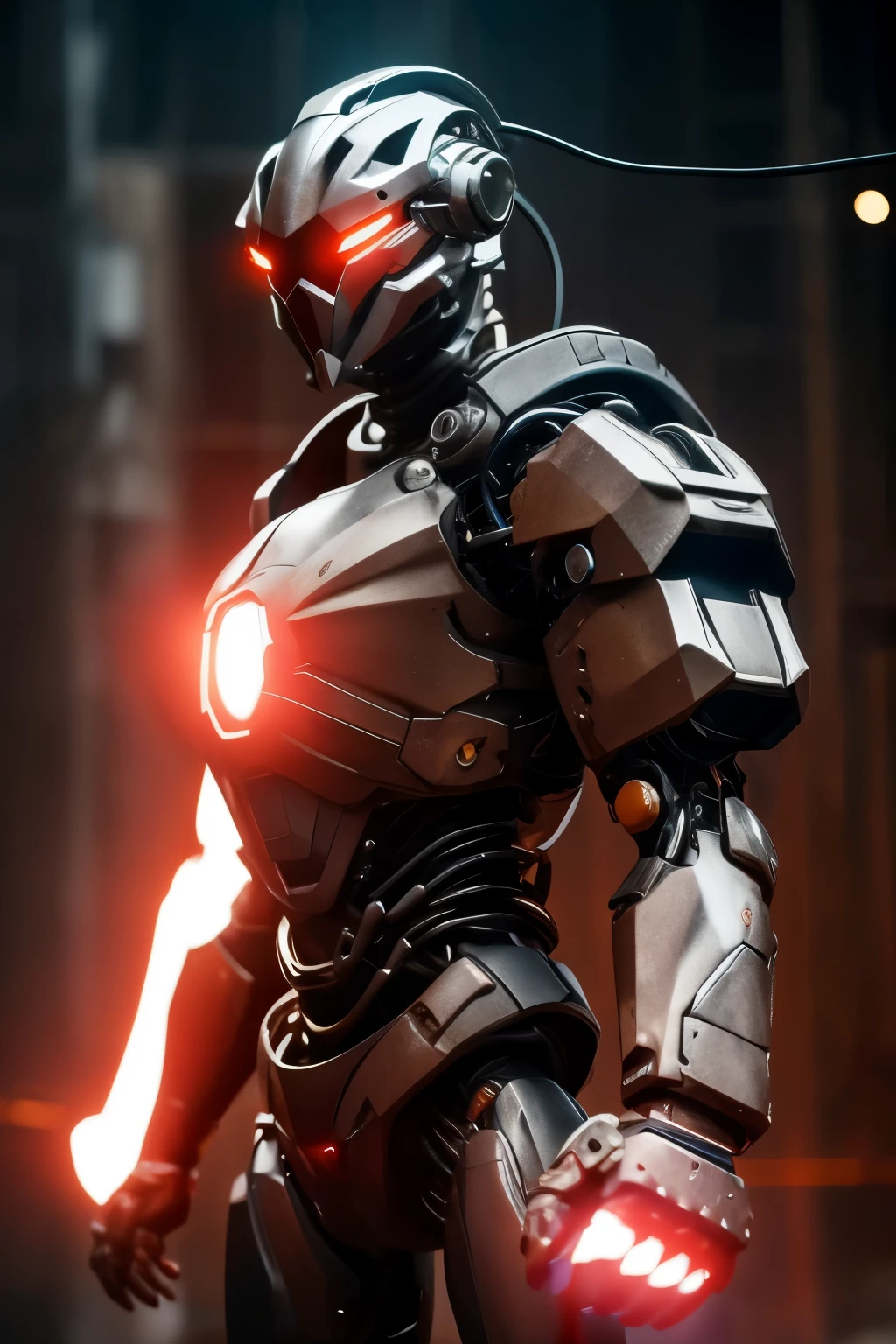O cyborg tem um corpo predominantemente cinza escuro, com detalhes em preto e vermelho. Your left arm is monstrous, with exposed metal parts and exposed electrical wires. The skin around the arm is worn, with pulsing cybernetic veins and apparent mechanical parts. The fingers on the left arm are replaced by sharp claws, and there is a bright red light radiating from his left eye, indicating its cybernetic nature. His posture is intimidating., and he is ready to face any challenge with his monstrous and relentless strength.
