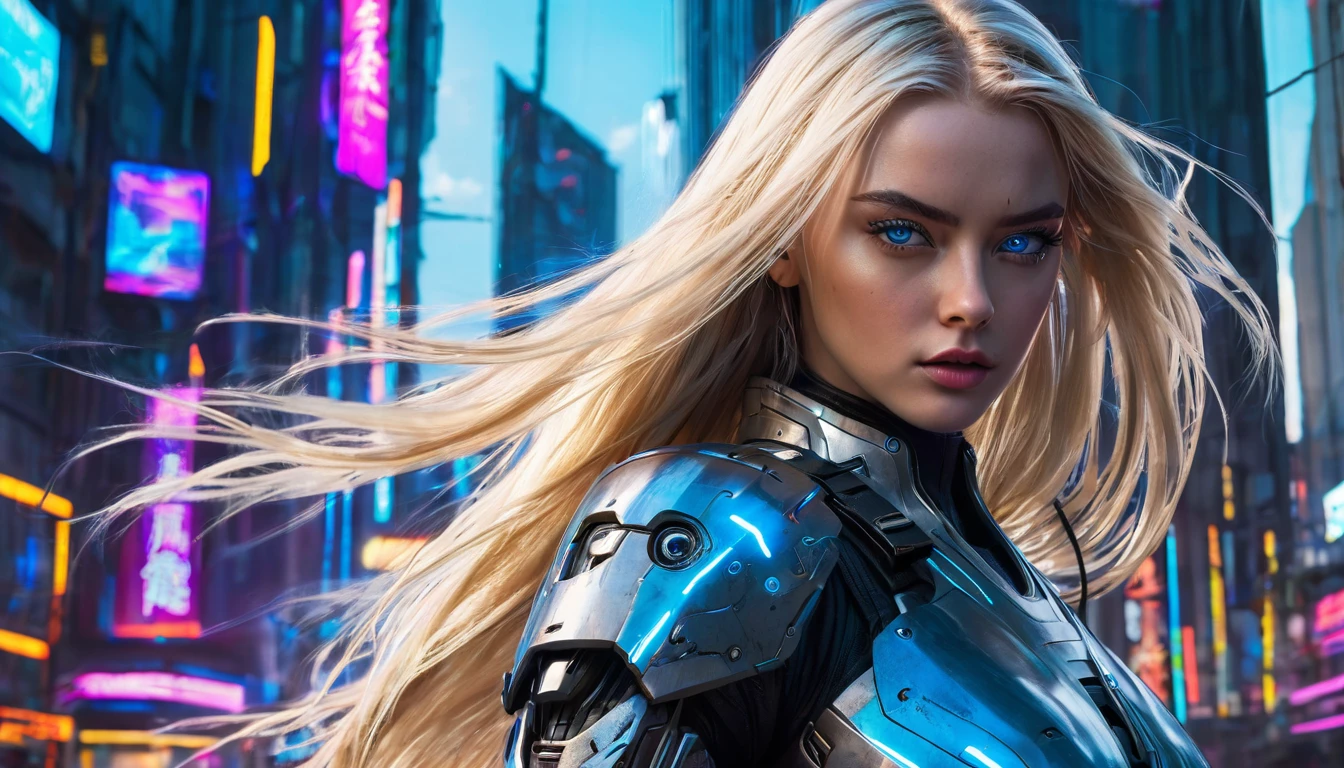 ((best quality)), ((masterpiece)), (detailed), perfect face, (best quality, highres, realistic), cyberpunk style, vibrant colors, dramatic lighting, 1girl, blue eyes, blond hair, long hair, flowing hair, futuristic armor, full body, fighting pose, standing, futuristic city background,