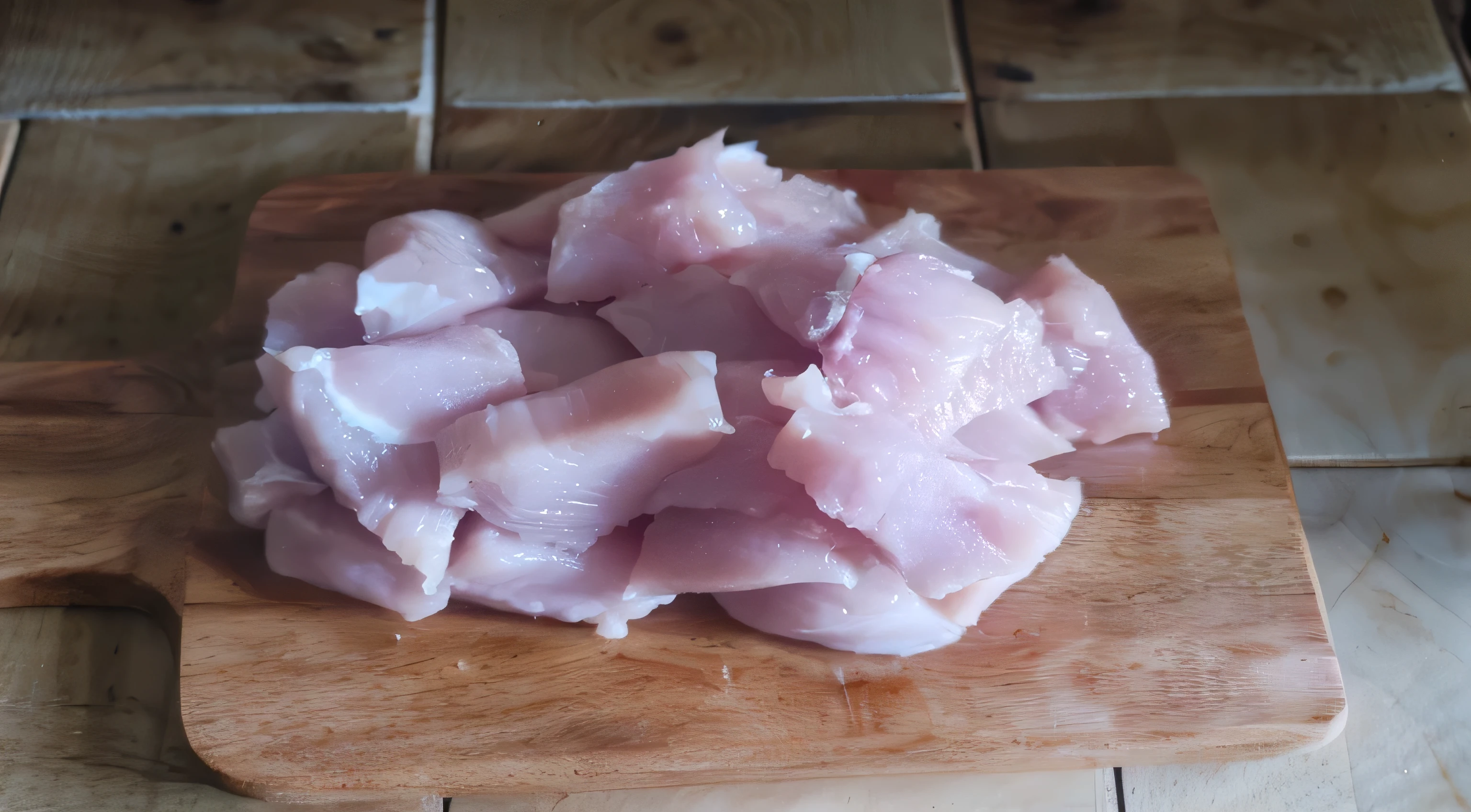 there is a wooden cutting board with raw meat on it, filleting technique, proud looking, chicken, raw pork, trimmed, shredded, ready to eat, fresh from the printer, ham, chicken feathers, clean lines, loin cloth, 30 year old man, pork meat, cooked, lunchmeat, fish scales, great quality, on a wooden plate