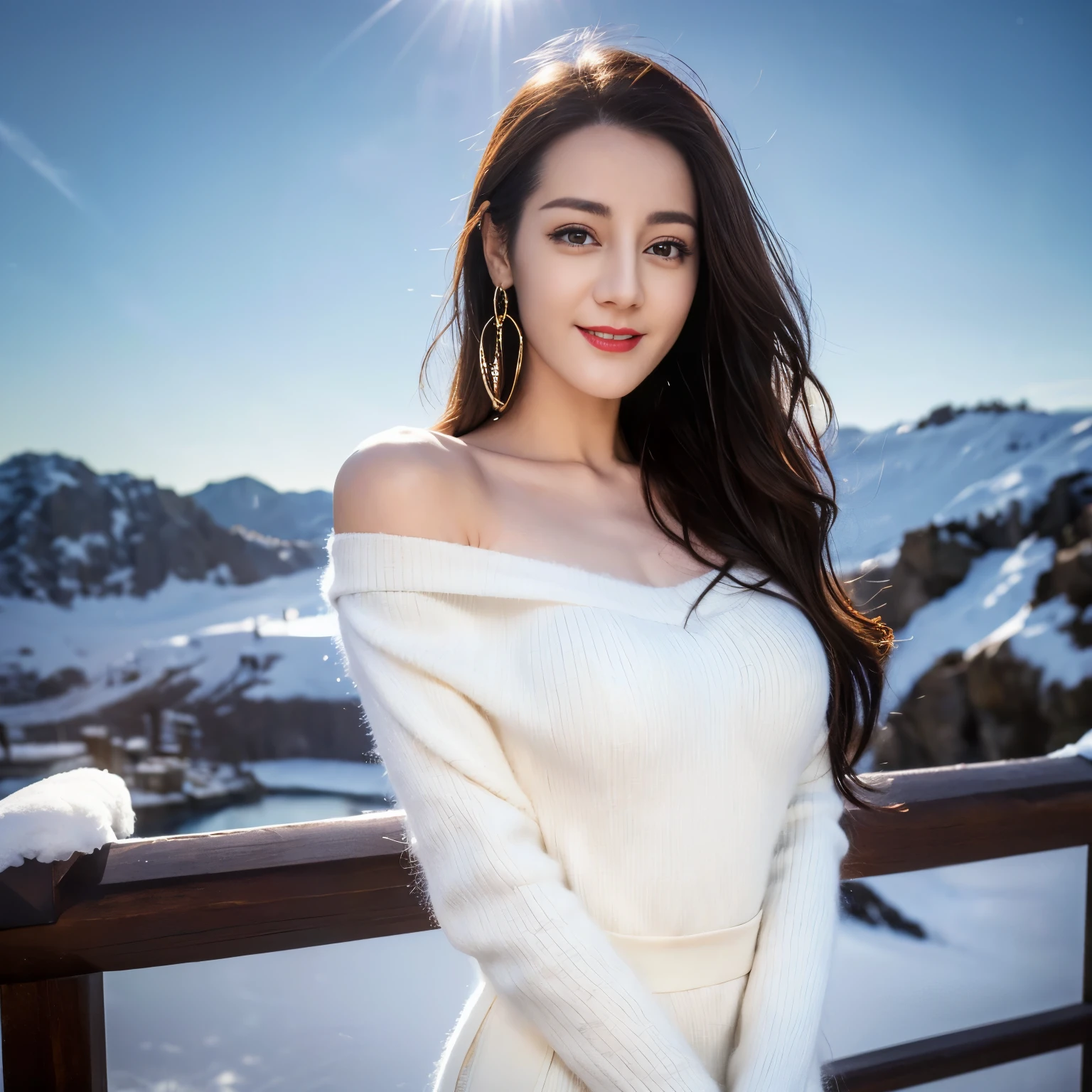 ((top quality、8k、​Masterpiece:1.3))、Extremely delicate and beautiful girl，full-body shot，huge breasts，bigger breasts，amazing breast size，H cup，Bare shoulders，Expose a large breast，Expose more breasts。Wear big earrings，Very white skin，moist red lips，Waist is very thin，Thighs are very thin，big butt，fair and smooth skin，Smooth and fair skin，flawless skin，Fair and shiny skin，cold white skin，The camera focuses on the chest，Bright light，white sweater，Lower body exposed，white hair，White hair，heavy snow，snow mountain，sunset，lake，sweet smile，mouth slightly open