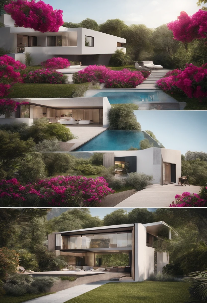 Two twin houses of modern industrial design, separated by a baroque bridge full of vegetation and bougainvilleas which will have a semi-Olympic swimming pool under the bridge with barbecue and lounge chair areas and space for pets.