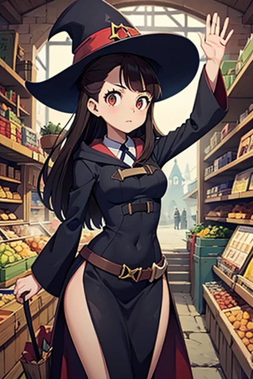 A black haired female witch with brown eyes with an hourglass figure in a conservative witch's uniform is shopping in a magical market