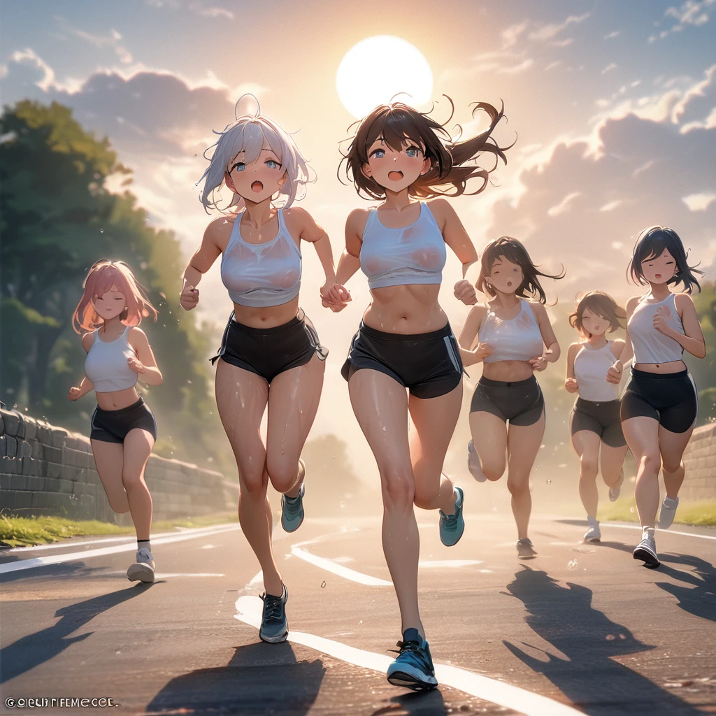 Masterpiece, Improved quality, High quality, Good anatomy, Well-formed hands, Healthy body, Intact fingers, Normal digits, 4k quality image, Girls, beautiful girls, white crop tank top, super mini pants, wet clothes, wet body, exhale, in road, running, in the morning, sun, cloud, the wind blows