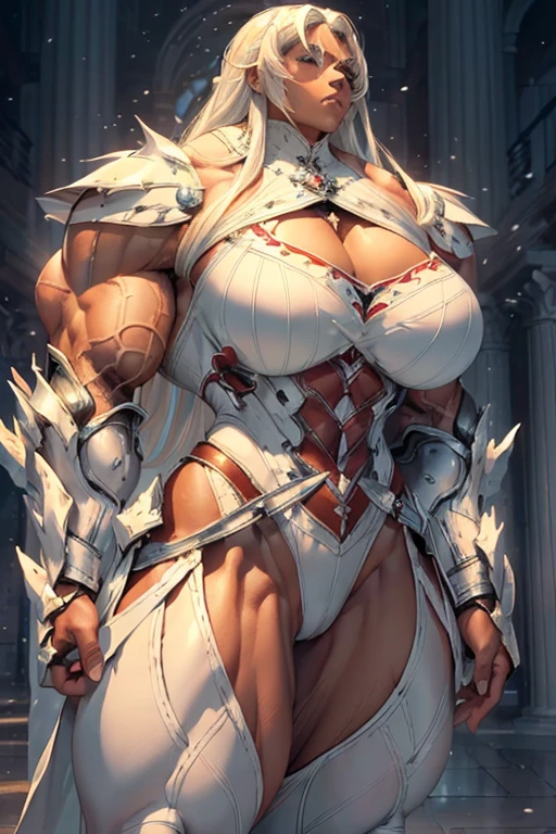 ((((Massive beautiful, buff, light brown skinned muscular woman with white hair, ginormous bulky muscles and clad in full gleaming white knight armor with and tight pants)))), close view, large breast, vascular, massive muscle, massive biceps, hyper muscle shoulders, vascular shoulders, hyper muscle triceps, (long straight hair), blue eyes, (knight boots), determined look, (in a castle in heaven), snowfall, Vascular arms, hyper muscles arms, hyper muscle legs, massive buff arms.