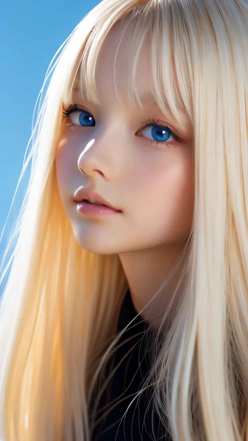 A very beautiful albino girl、Windy blonde hair clinging to a very beautiful face、Beautiful bright pale sky blue eyes hidden in hair、white glossy skin、Beautiful super long shiny silky super long blonde hair、beautiful bangs、Sexy 15 year old very beautiful woman、unparalleled beauty、cheek gloss、beautiful skin、small face beauty、eyeliner、hair over eyes、hair over one eye、hair between eyes、round face
