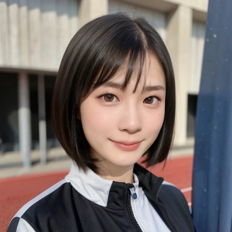 (kawaii 24 year-old Japanese girl, perfect athlete body, Nogizaka idol, Korean idol), (glossy black hair, pixie cut, very short hair, messy hair, wavy hair:1.3), (bangs), (rounded face, single eyelid, no makeup, soft smiling:1.2), (wearing track jackets:1.3), flat chest, (looking at viewer:1.2), BREAK, (track and field background:1.3), (dynamic angle:1.3), BREAK, (masterpiece, best quality, photo realistic, official art:1.4), (UHD, 8K quality wallpaper, high resolution, raw photo, film grain, golden ratio:1.2), (shiny skin), professional lighting, physically based rendering, award winning, (perfect ???????, highly detailed skin textures, extremely detailed face and eyes, well drawn glittering pupils), Carl Zeiss 85 mm F/1.4, depth of field, 1girl, solo,