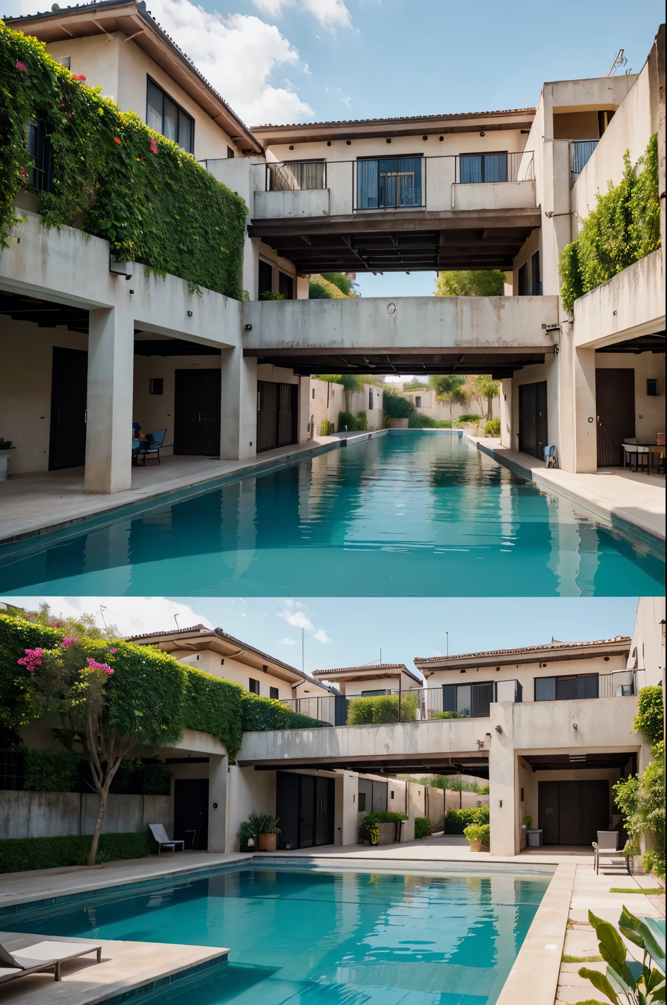 Create the model of twin houses of modern industrial design that are separated by a bridge that has hanging bougainvilleas and a pool under the bridge the size of a swimming lane, a family recreation area 