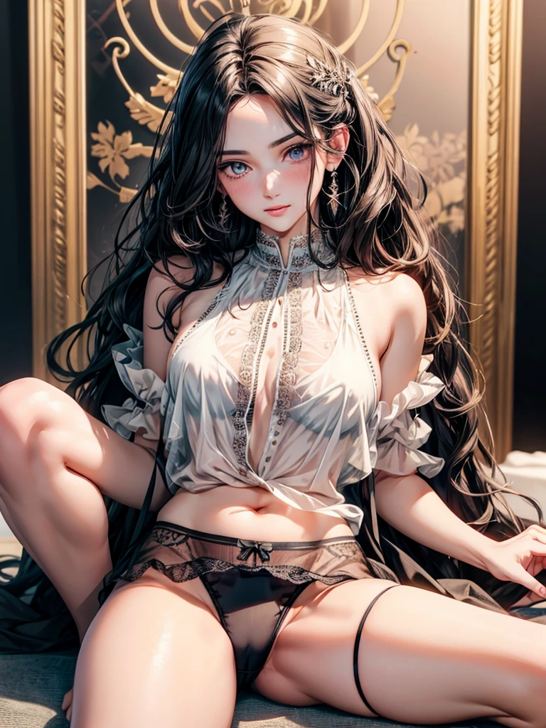 A woman, 30 years old, Mature, Super textured hair, Extra long wavy hair, Single ear front hair, Nice face, Super detailed eyes, Grow eye hair, shining pupils, Charming eyes, Beautiful and delicate lips, seductive smile, A light blush, Very detailed face, Extra detailed body, High quality real skin texture, (semi-transparent chiffon clothing), (office clothing), white collared shirt, black skirt, Lace trim at hem, Black underwear, barefoot,