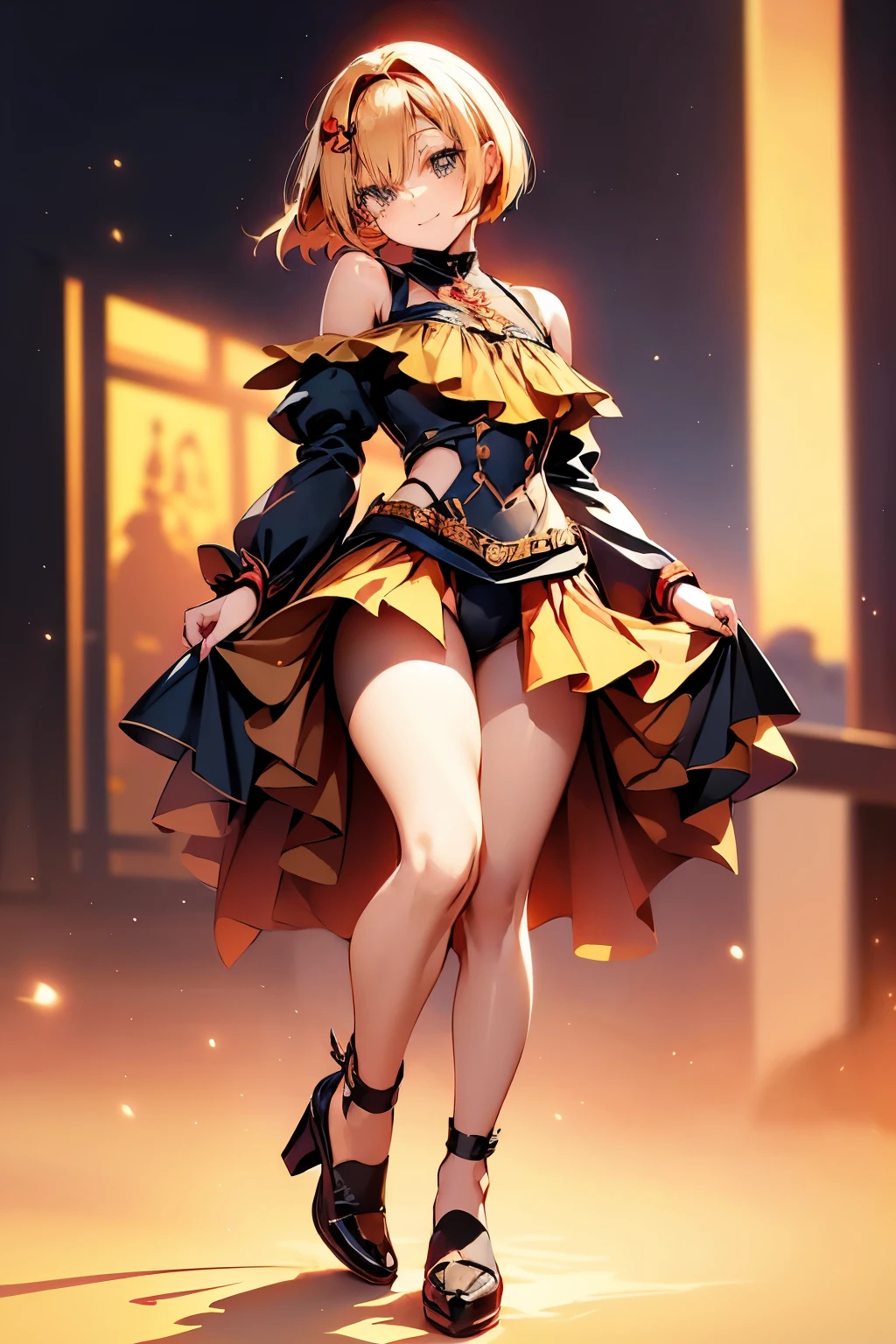 A girl with impressive blonde hair、hair ornaments、short bob、black pantyhose、No sleeve、hot pants、smile、Cute shoes with accessories、red hair band、dynamic pose
