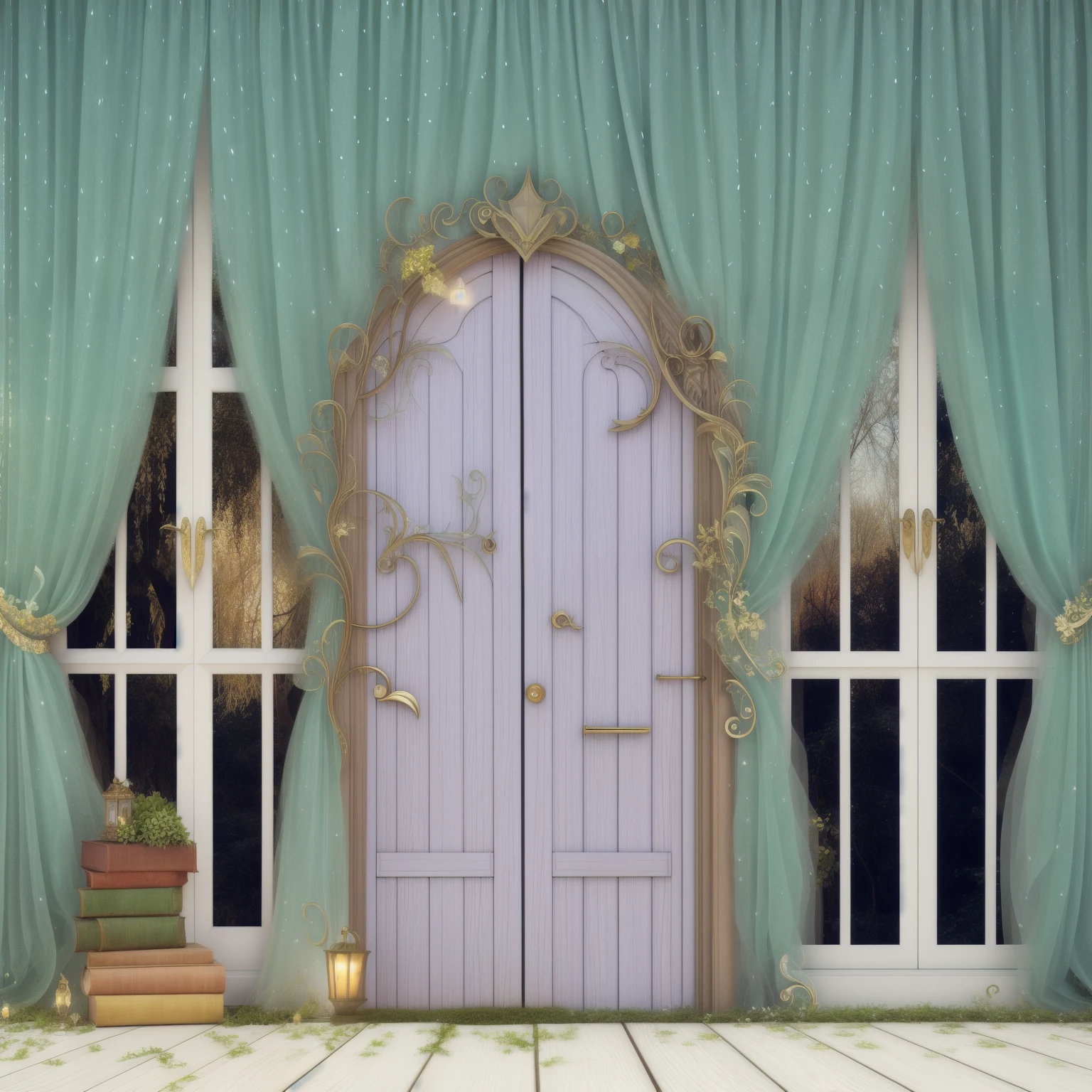 There is a picture of a door with windows and curtains, Magical fairy tale background, Fairy tale style background, Might & Magic, Stunning mystery background, Beautiful fairy tale rendering, Enchanted Garden Photos, Magical fantasy forest, Immortal Palace, romantic storybook fantasy, fantasy fairy tale, Warm and charming scene, royal garden background, Gorgeous background