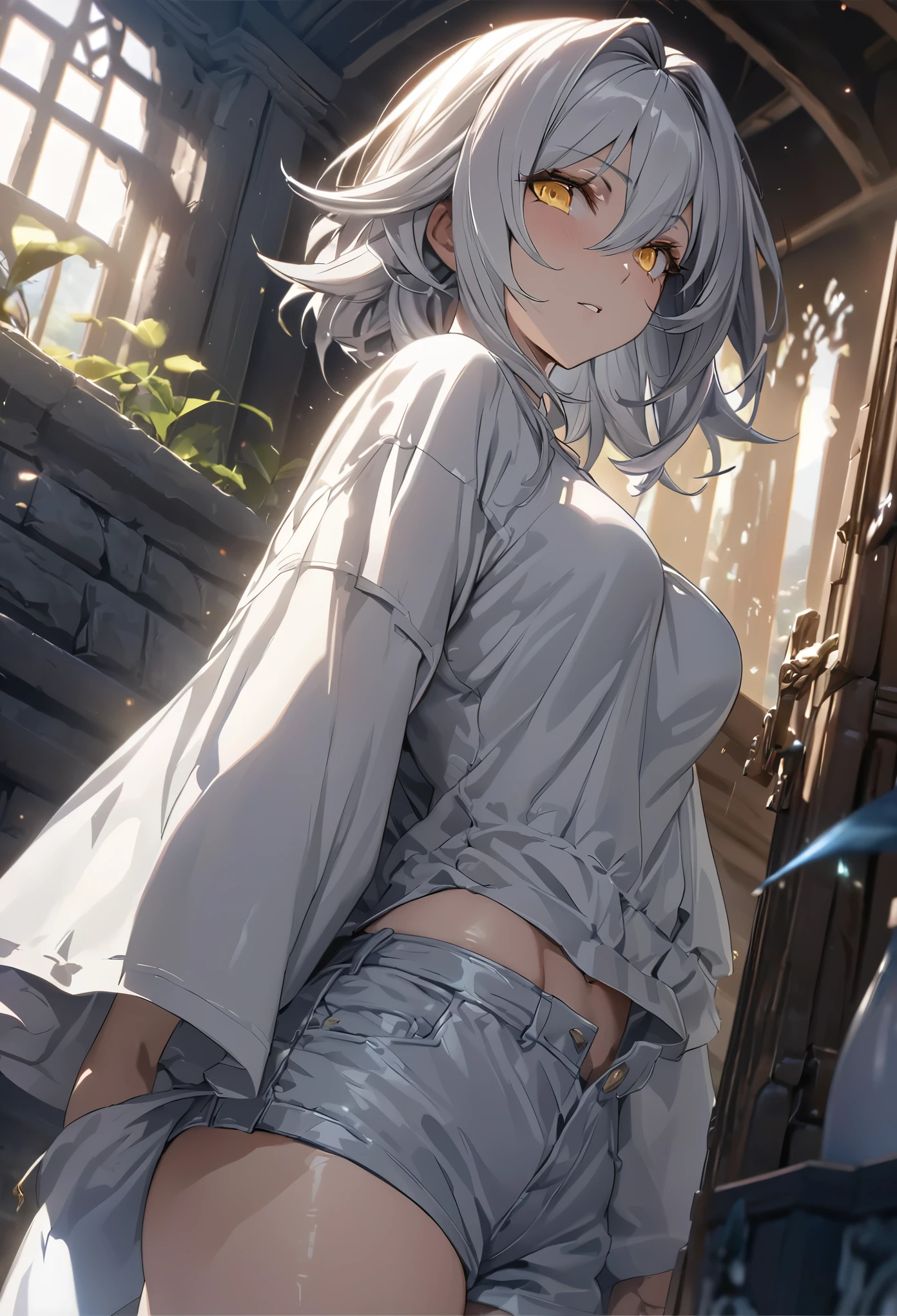 ((solo)), (woman), yellow eyes, silver hair, short-medium hair, straight hair, (sculpted body), medium-big breasts, thick, mature body, (27 year old), a close up of a person over a canyon under the sundown, detailed key anime art, casimir art, masamune shiro, masamune, beautiful woman in demon slayer art, heise jinyao, shadowverse style, (no logos), shorts, white shirt, cool clothes, detailed clothes, eye reflection, depth of field, cinematic lighting, ray tracing, depth of field, cinematic lighting, ray tracing, UHD, high details, best quality, highres, high quality, award winning, super detail, masterpiece, 8k, UHD, high details, best quality, highres, high quality, award winning, super detail, masterpiece, 8