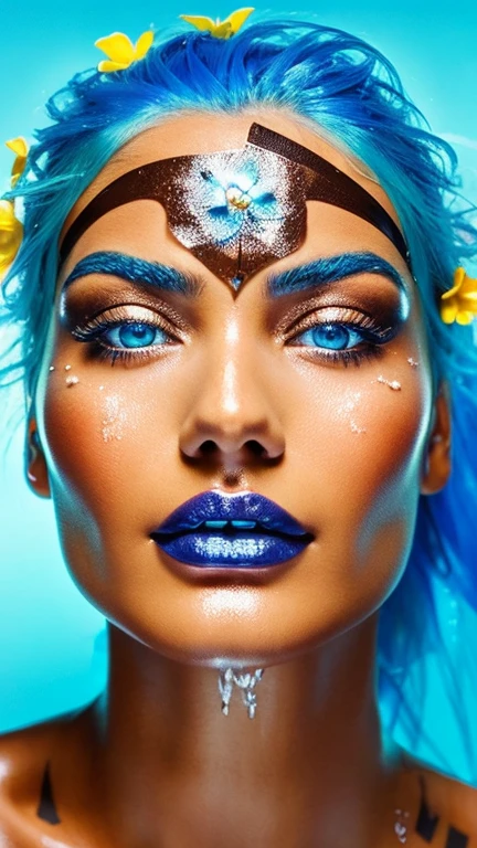 a close up of a woman with blue hair and a flower in her hair, makeup. unreal engine, wet shiny skin, slightly tanned, close up of a blonde woman, captivating glowing lights, bronze face, inspired by Petros Afshar, portrait of nordic girl, tears running down face, 4 k editorial photograph, glossy photo,flat chested,pov, Orgasm and passion on the face, excited lips,orgasmface, Very excited look and look