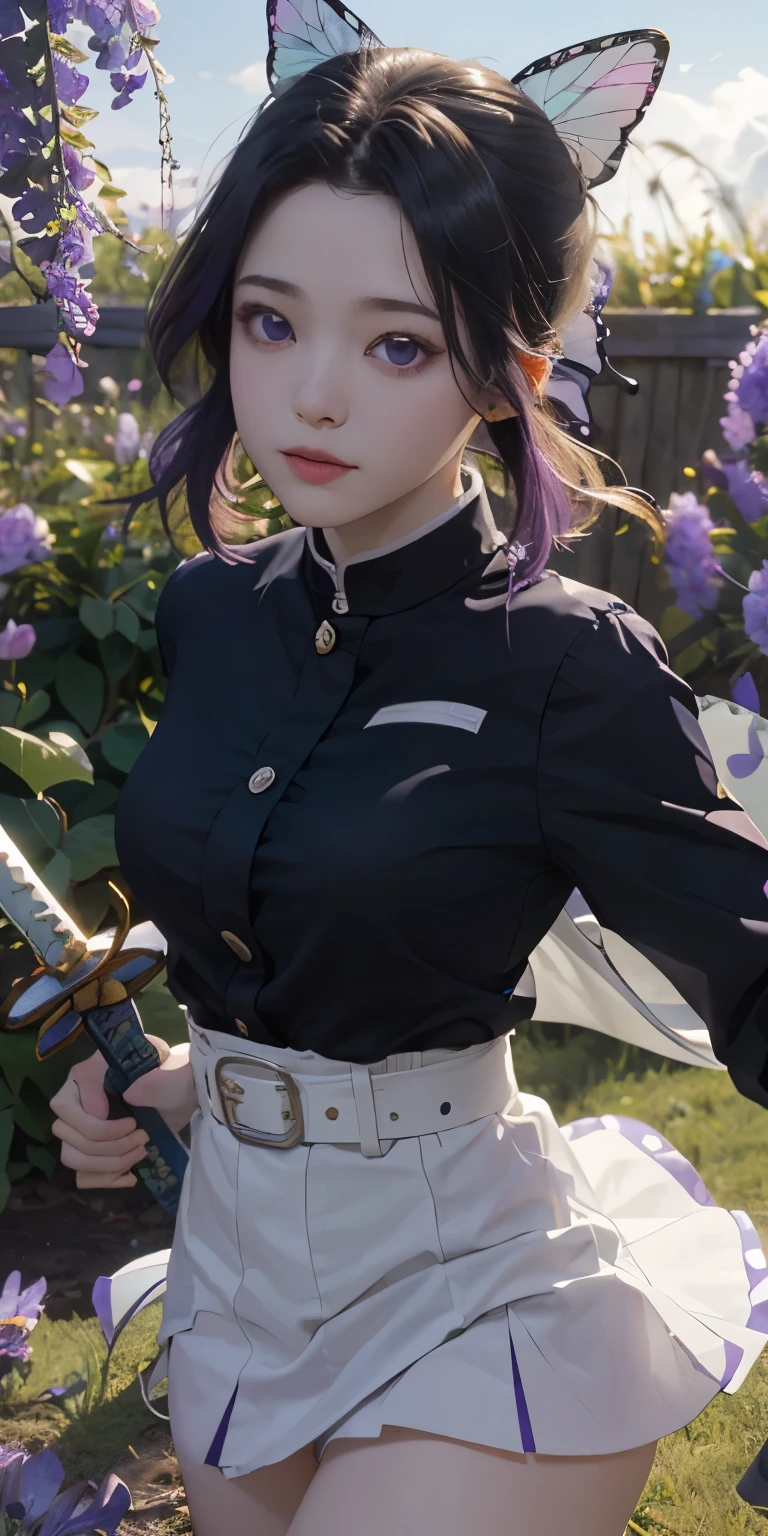 Ultra-realistic 8k CG,white panties:1.4、（Beautiful bikini panties:1.4） masterpiece,（mini skirt生脚white panties:1.4） ,spread legs,show white panties,mini skirt、front、, (weapon in hand: 1.2), (attack: 1.2), beauty, goddess, （生脚white panties:1.3）,frontから, face sticking out, (super detailed background, delicate pattern, intricate details)), high quality, highly detailed face, （超mini skirtから見えるwhite panties生脚:1.4）、highly detailed eyes and face, highly detailed eyes, kocho shinobi, colorful hair, No bangs, hair intake, purple eyes, amount, black shirt, black pants (Haori, butterfly, button, belt, (garden: 1.2), purple flowers, Chibi, cloudy null, sunlight, Tyndall effect, exy、Slope_null, face, gorgeous null, Sword at the waist,Ultra-realistic 8k CG, masterpiece,（mini skirt:1.4） close, (weapon in hand: 1.2), (attack: 1.2), beauty, goddess, frontから, face sticking out, (super detailed background, delicate pattern, intricate details)), high quality, highly detailed face, highly detailed eyes and face, highly detailed eyes, kocho shinobi, colorful hair, No bangs, hair intake, purple eyes, amount, black shirt, black pants (Haori, butterfly, button, belt, (garden: 1.2), purple flowers, Chibi, cloudy null, sunlight, Tyndall effect, Slope_null, face, gorgeous null, Sword at the waist,