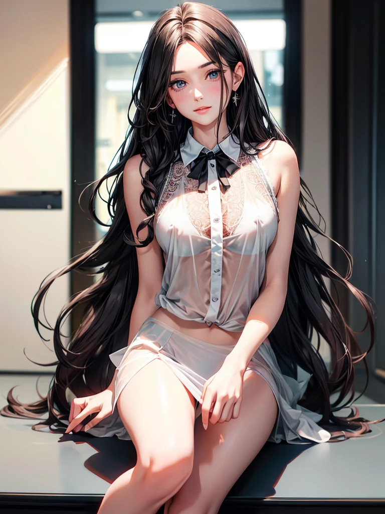 A woman, 30 years old, Mature, Super textured hair, Extra long wavy hair, Single ear front hair, Nice face, Super detailed eyes, Grow eye hair, shining pupils, Charming eyes, Beautiful and delicate lips, seductive smile, A light blush, Very detailed face, Extra detailed body, High quality real skin texture, (Advanced semi-transparent chiffon office clothing design), white collared shirt, black skirt, Lace trim at hem, Black underwear, barefoot,