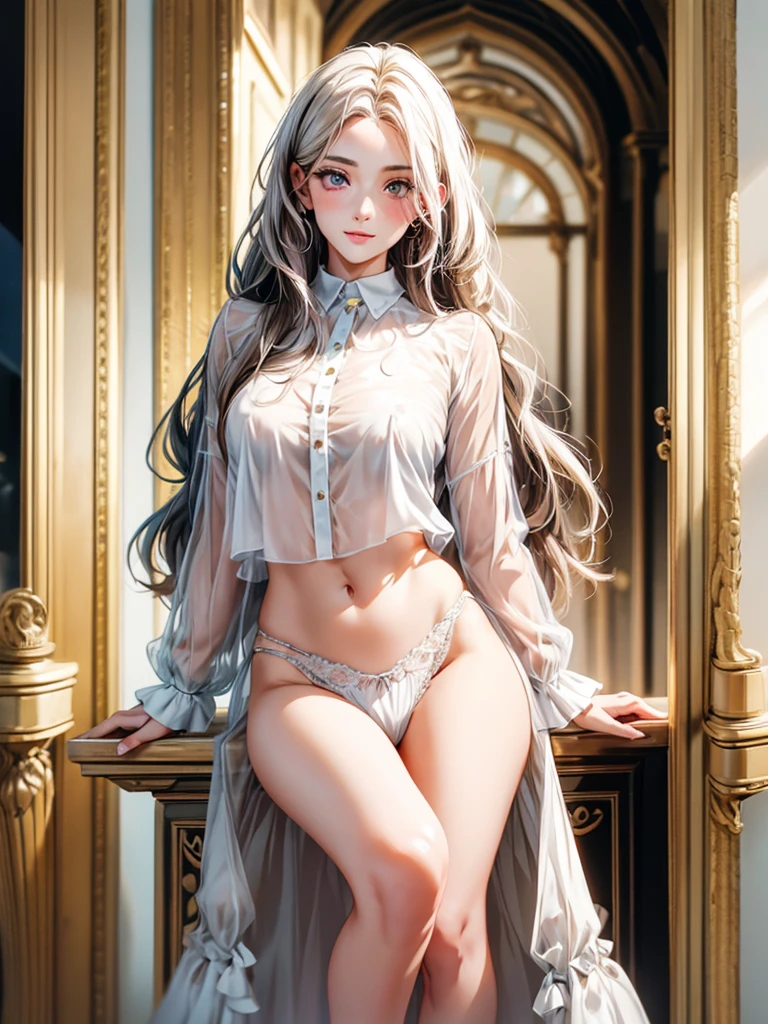A woman, 30 years old, Mature, Super textured hair, Extra long wavy hair, Single ear front hair, Nice face, Super detailed eyes, Grow eye hair, shining pupils, Charming eyes, Beautiful and delicate lips, seductive smile, A light blush, Very detailed face, Extra detailed body, High quality real skin texture, (Advanced semi-transparent chiffon office clothing design), white collared shirt, black skirt, Lace trim at hem, Black underwear, barefoot,