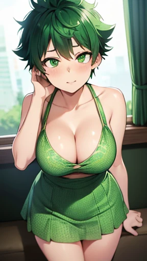 Midoriya izuku female,Green hair, short hair, green eyes, big breasts, dress, cleavage, sexy, cute,