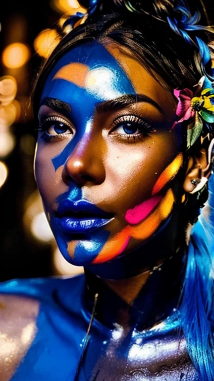 a close up of a woman with blue hair and a flower in her hair, makeup. unreal engine, wet shiny skin, slightly tanned, close up of a blonde woman, captivating glowing lights, bronze face, inspired by Petros Afshar, portrait of nordic girl, tears running down face, 4 k editorial photograph, glossy photo,flat chested,pov, Orgasm and passion on the face, excited lips,orgasmface, Very excited look and look