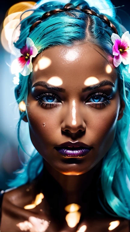 a close up of a woman with blue hair and a flower in her hair, makeup. unreal engine, wet shiny skin, slightly tanned, close up of a blonde woman, captivating glowing lights, bronze face, inspired by Petros Afshar, portrait of nordic girl, tears running down face, 4 k editorial photograph, glossy photo,flat chested,pov, Orgasm and passion on the face, excited lips,orgasmface, Very excited look and look