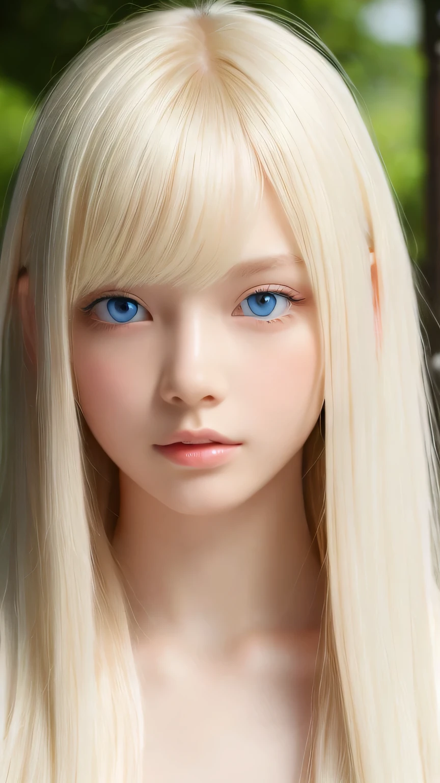A very beautiful albino girl、Windy blonde hair clinging to a very beautiful face、Beautiful bright pale sky blue eyes hidden in hair、white glossy skin、floating hair、Beautiful super long shiny silky taller super long blonde hair、beautiful bangs、sexy 18 year old very beautiful woman、unparalleled beauty、cheek gloss、beautiful skin、small face beauty、eyeliner、hair over eyes、hair over one eye、hair between eyes、round face