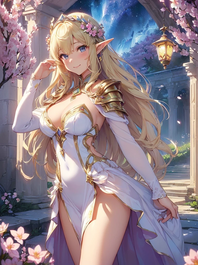 highest quality、Highest image quality、masterpiece、beautiful face、、Titania、Super beautiful elf beauty((22 years old OL big bust、bust 90,beautiful long ironed hair、blonde、Height: 165cm。slender、sexy、Esbian、beautiful armor、night、High quality、美しいart、beautiful forest、、muste piece、ビジュアルart、Depth of the bounds written、、elf ears、、Lightのmagic、universe、、A happy smile、穏やかなLight、Elven Forest、cherry blossoms、、elegant、ticker beautiful decorative、、mystical　rosa、dance、flower瓶、magicのflower、flowerを作るmagic、Light、　the sky、beautiful dressy、beautiful dresyth、ART、Lord of the Ring、spectacular scenery、sexy、friendly smile、fantastic world、cherry blossoms、舞い散るflowerびら、cherry blossomsのflower、universeのmagic、magicのLight、fantasy、flower、super REALITYMany roseagic、Interior decoration、Many tapestries、Grow fantasy、、mysteryのLight、Florence、Rome、byzantine、renaissance、Art nouveau、Alphonse　Mucha、、art、art,mystery,UHD,magicalgentle light,sexy、