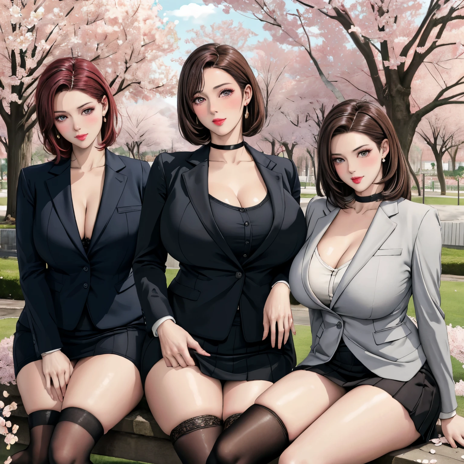 Women drinking sake while enjoying cherry blossom viewing in a park with cherry blossoms in full bloom and petals just starting to fall, In a park rich in nature、plant, (((Masterpiece of sexy pose))), ((highest quality)), ((Complex)), ((surreal)), stupid reply, mature woman, mature woman, perspective, very detailed, shape, 3 girls, ((big breasts)), perfect hands, finger details, fine and beautiful eyes, short hair, brown eyes, (business suit:1.2), open office shirt, Tight Skirt, black choker, earrings, stockings, detailed background, perfect eyes, enchanting eyes, looking at the viewer, from below, I spread a plastic sheet under a cherry tree and sat with my legs crossed., blushing cheeks, Scene of a fun party with female friends