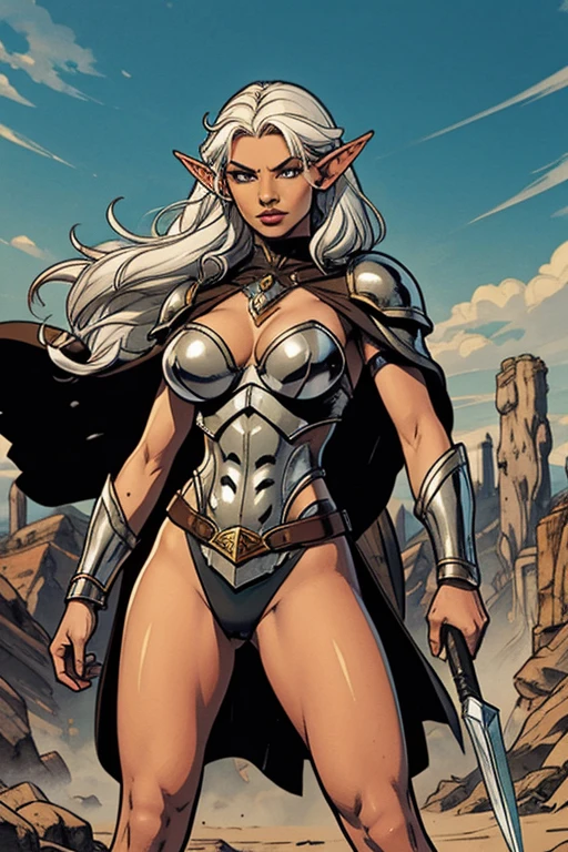 1 black female elf, long hair, white hair, elf ears, gray eyes, thin lips, round face, dark skin, huge breasts, wide hips, wearing elven battle armor, cold and arrogant look, standing on the battlefield holding a spear