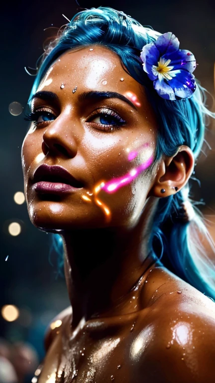 a close up of a woman with blue hair and a flower in her hair, makeup. unreal engine, wet shiny skin, slightly tanned, close up of a blonde woman, captivating glowing lights, bronze face, inspired by Petros Afshar, portrait of nordic girl, tears running down face, 4 k editorial photograph, glossy photo,flat chested,pov, Orgasm and passion on the face, excited lips,orgasmface, Very excited look and look