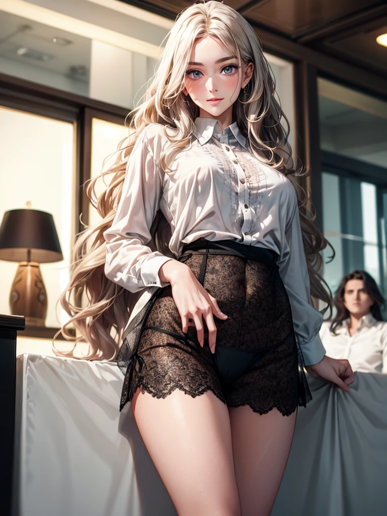 A woman, 30 years old, Mature, Super textured hair, Extra long wavy hair, Single ear front hair, Nice face, Super detailed eyes, Grow eye hair, shining pupils, Charming eyes, Beautiful and delicate lips, seductive smile, A light blush, Very detailed face, Extra detailed body, High quality real skin texture, (Advanced semi-transparent chiffon office clothing design), white collared shirt, black skirt, Lace trim at hem, Black underwear, barefoot, 