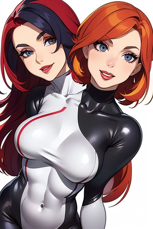 masterpiece,high quality,(white background:1.5),
solo,smile,looking at viewer,
long hair,multicolored hair,two-tone hair,split-color hair,blonde hair,red hair,grey eyes,makeup,lipstick,
bodysuit,
close up,