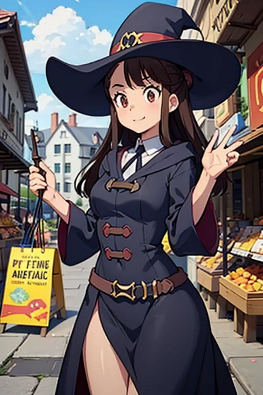 A black haired female witch with brown eyes with an hourglass figure in a conservative victorian dress is shopping in a magical market