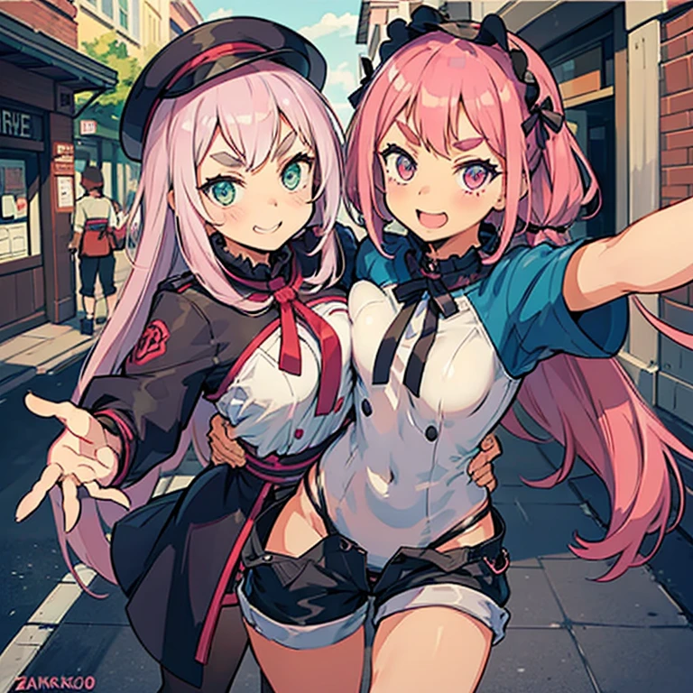 Girls with pink hair, long double-tailed hairstyle, ((small pink bushy eyebrows)), wearing ta clothing, shorts, marked vagina, loli(Zankuro) drawing style by zankuro artist, Zancro style, image uploaded to R34, flirty smile, take a selfie from below, close-up, (( showing pubes )) in street ((grabbing breast each other))