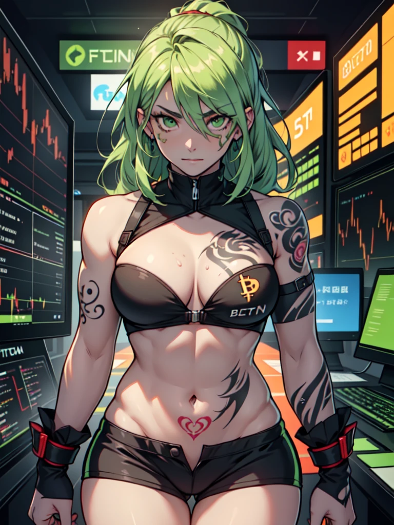 (chica musculosa cuerpo tonificado) green eyes with a serf's fate hair between the eyes pale skin tattoo with several bitcoin fortunes in the background several screens Each Etherius NFT is unique, showing subtle variations in its design that reflect the fluctuations of the cryptocurrency market girl a girl green tattoos of servants as the symbol of buyers in the stock market