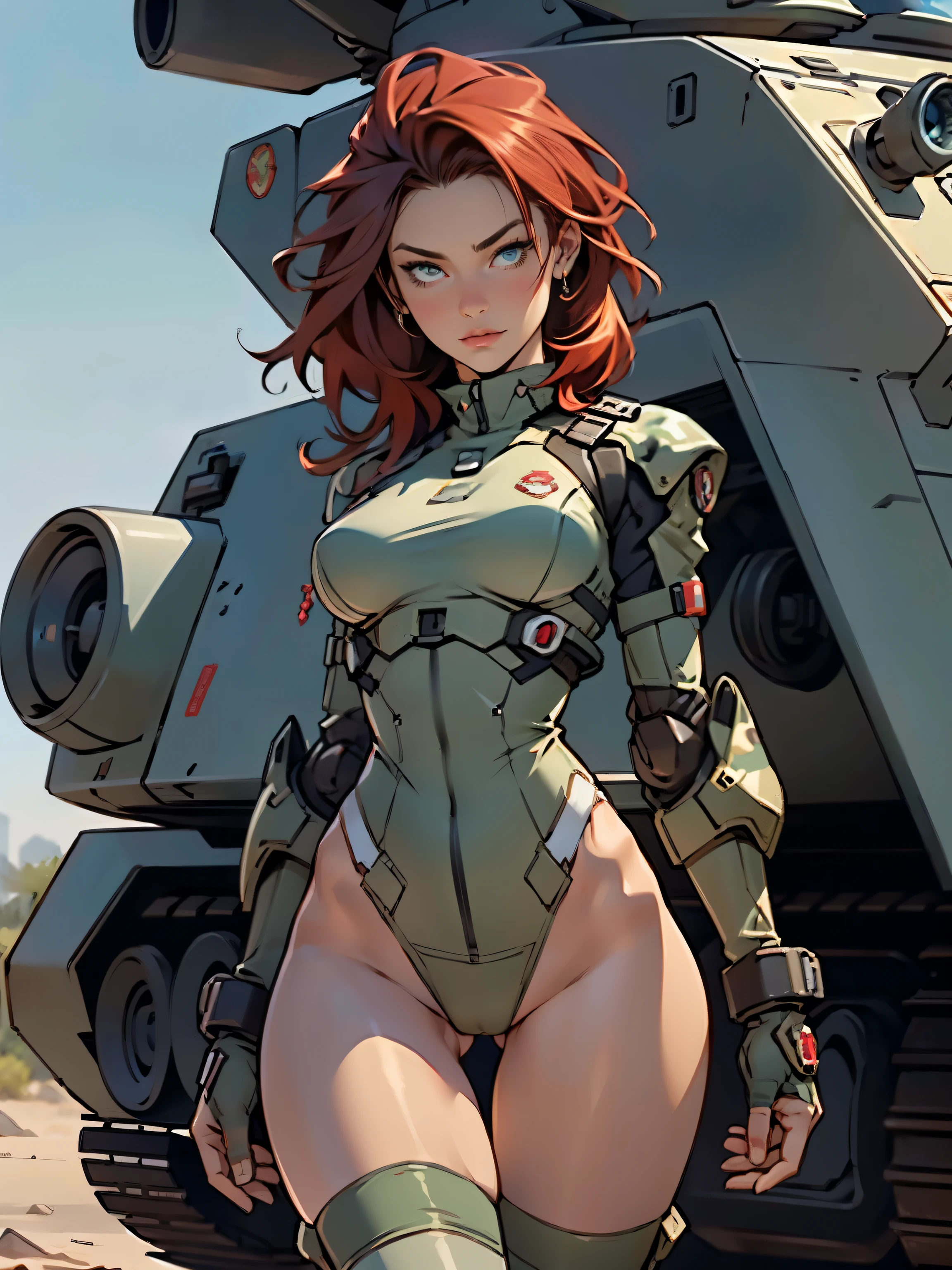 1woman 20 years old, military, beautiful, perfect body, realistic, red hair, perfect body, thin waist,  , large breasts, slim thighs, desert background, armored vehicle, flying fighters, military robot dog, camouflaged uniform, wealth of details, tight panties, marking on the front, slender knees, highly detailed, high resolution, prefect hands, slender thighs, show knees, thigh gap, alert eyes