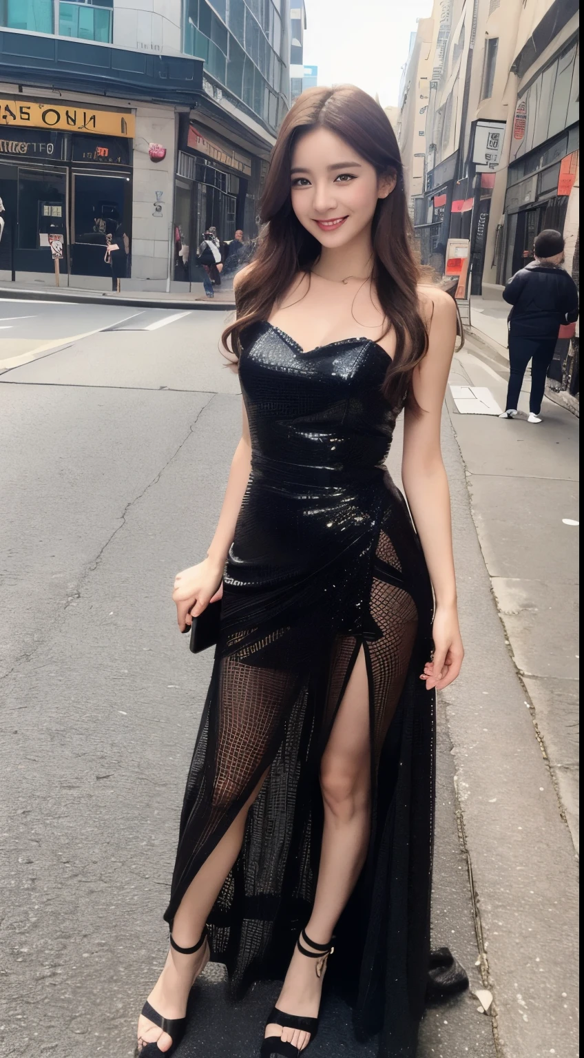 ((Best quality, 8k, Masterpiece :1.3)), 1girl, smiling, full body, slim face, Pretty woman, (Dark brown hair), full length dress :1.1, Ultra-detailed face, Detailed eyes, Double eyelid, blur background, slim face, city, outside, street,