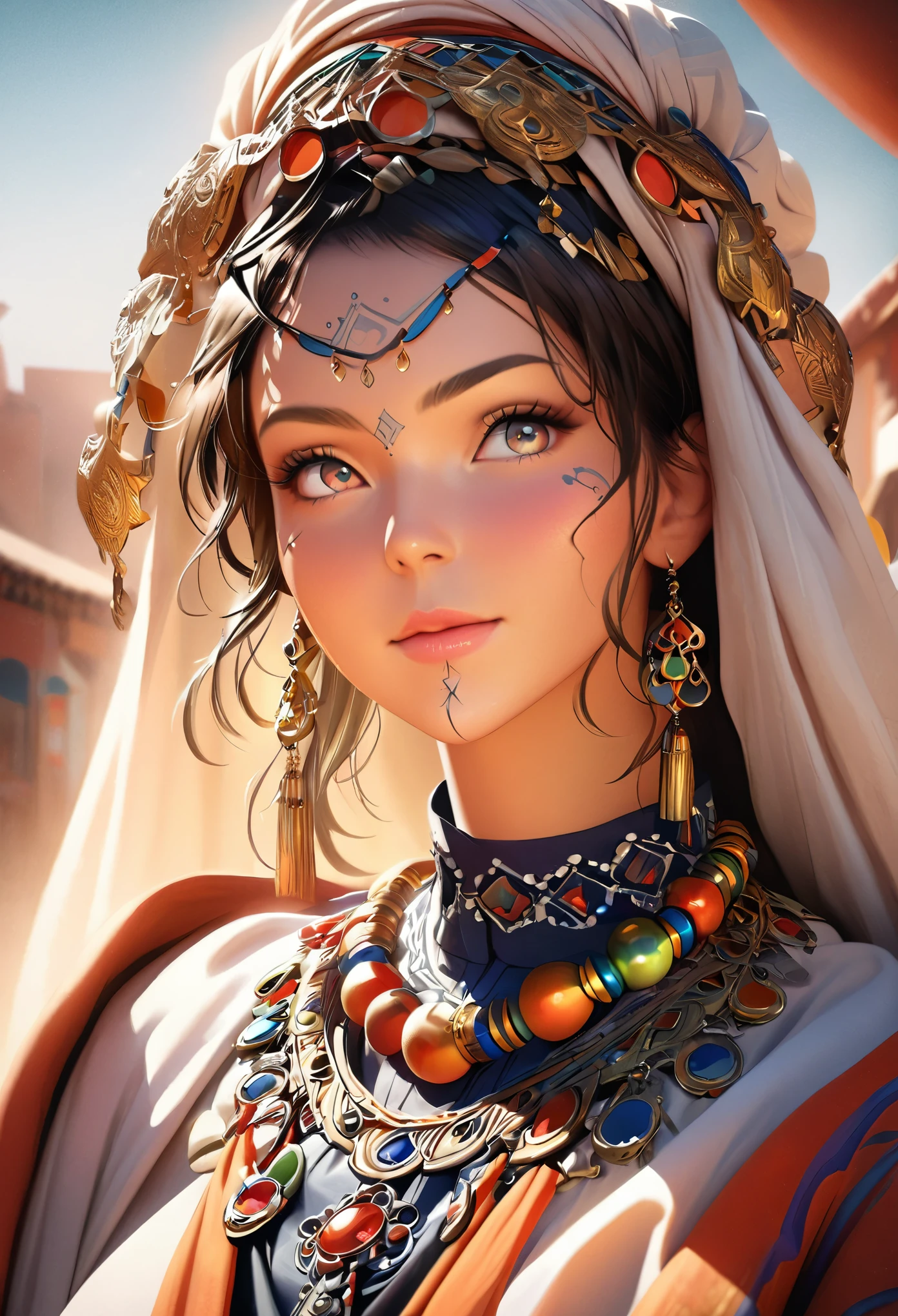 (best quality,photorealistic),vibrant colors, detailed facial features, intricate hair, traditional attire, confident posture, traditional Moroccan jewelry, sunlight illuminating the scene, lively and energetic composition.