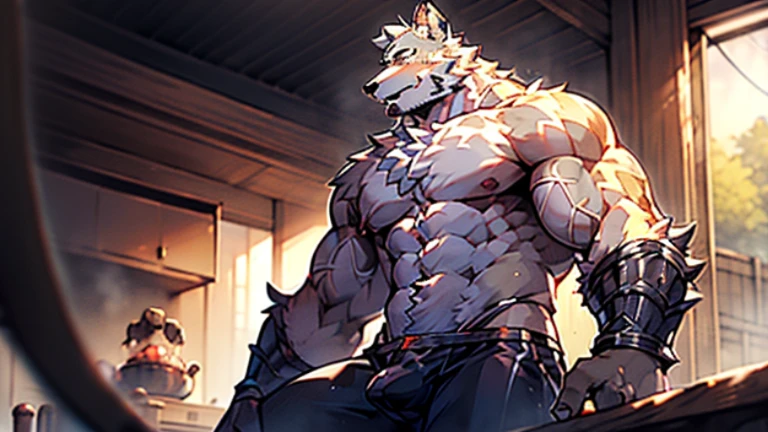 Anthropomorphic，werewolf，man，large pectoraluscular limbs，bare upper body，broad shoulders，huge crotch bulge，muscular，large，bearded，facial hair，body hair，chest hair，arm hair，leg hair，full body，grey hair ((high detail，masterpiece，best quality，high definition，beautiful))