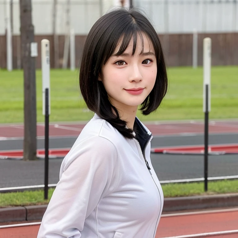 (kawaii 24 year-old Japanese girl, perfect athlete body, Nogizaka idol, Korean idol), (glossy black hair, pixie cut, very short hair, messy hair, wavy hair:1.3), (bangs), (rounded face, single eyelid, no makeup, soft smiling:1.2), (wearing track jackets:1.3), flat chest, (looking at viewer:1.2), BREAK, (track and field background:1.3), (dynamic angle:1.3), BREAK, (masterpiece, best quality, photo realistic, official art:1.4), (UHD, 8K quality wallpaper, high resolution, raw photo, film grain, golden ratio:1.2), (shiny skin), professional lighting, physically based rendering, award winning, (perfect anatomy, highly detailed skin textures, extremely detailed face and eyes, well drawn glittering pupils), Carl Zeiss 85 mm F/1.4, depth of field, 1girl, solo,