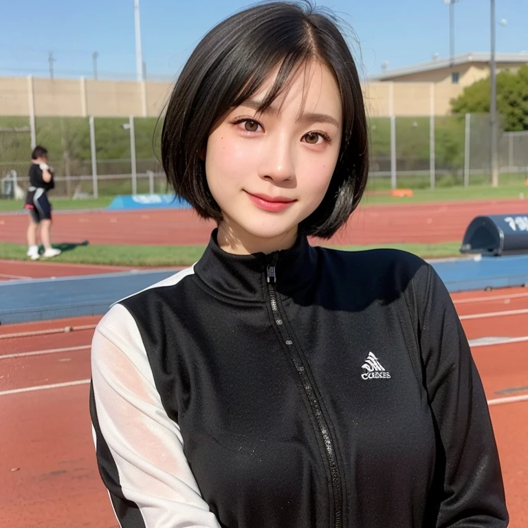 (kawaii 24 year-old Japanese girl, perfect athlete body, Nogizaka idol, Korean idol), (glossy black hair, pixie cut, very short hair, messy hair, wavy hair:1.3), (bangs), (rounded face, single eyelid, no makeup, soft smiling:1.2), (wearing track jackets:1.3), flat chest, (looking at viewer:1.2), BREAK, (track and field background:1.3), (dynamic angle:1.3), BREAK, (masterpiece, best quality, photo realistic, official art:1.4), (UHD, 8K quality wallpaper, high resolution, raw photo, film grain, golden ratio:1.2), (shiny skin), professional lighting, physically based rendering, award winning, (perfect anatomy, highly detailed skin textures, extremely detailed face and eyes, well drawn glittering pupils), Carl Zeiss 85 mm F/1.4, depth of field, 1girl, solo,