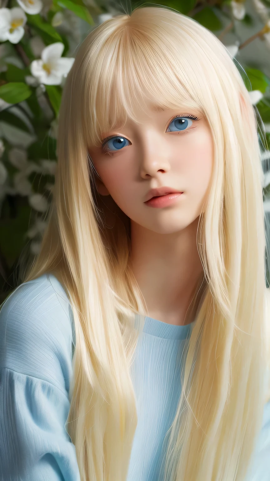 A very beautiful albino girl、Windy blonde hair clinging to a very beautiful face、Beautiful bright pale sky blue eyes hidden in hair、white glossy skin、floating hair、Beautiful super long shiny silky taller super long blonde hair、beautiful bangs、sexy 18 year old very beautiful woman、unparalleled beauty、cheek gloss、beautiful skin、small face beauty、eyeliner、hair over eyes、hair over one eye、hair between eyes、round face